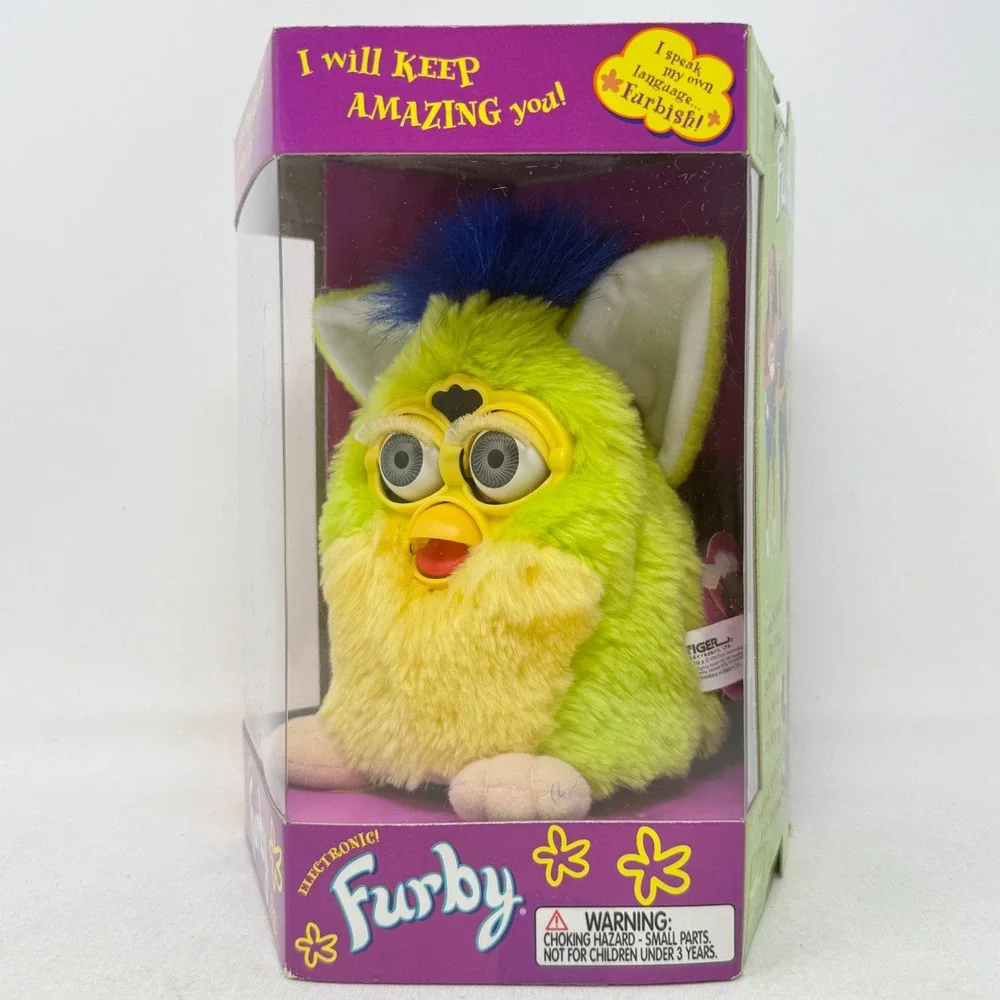 Furby Kiwi Lime Green, Yellow, Dark Blue Hair Gray‎ Eyes 1999 Factory Sealed